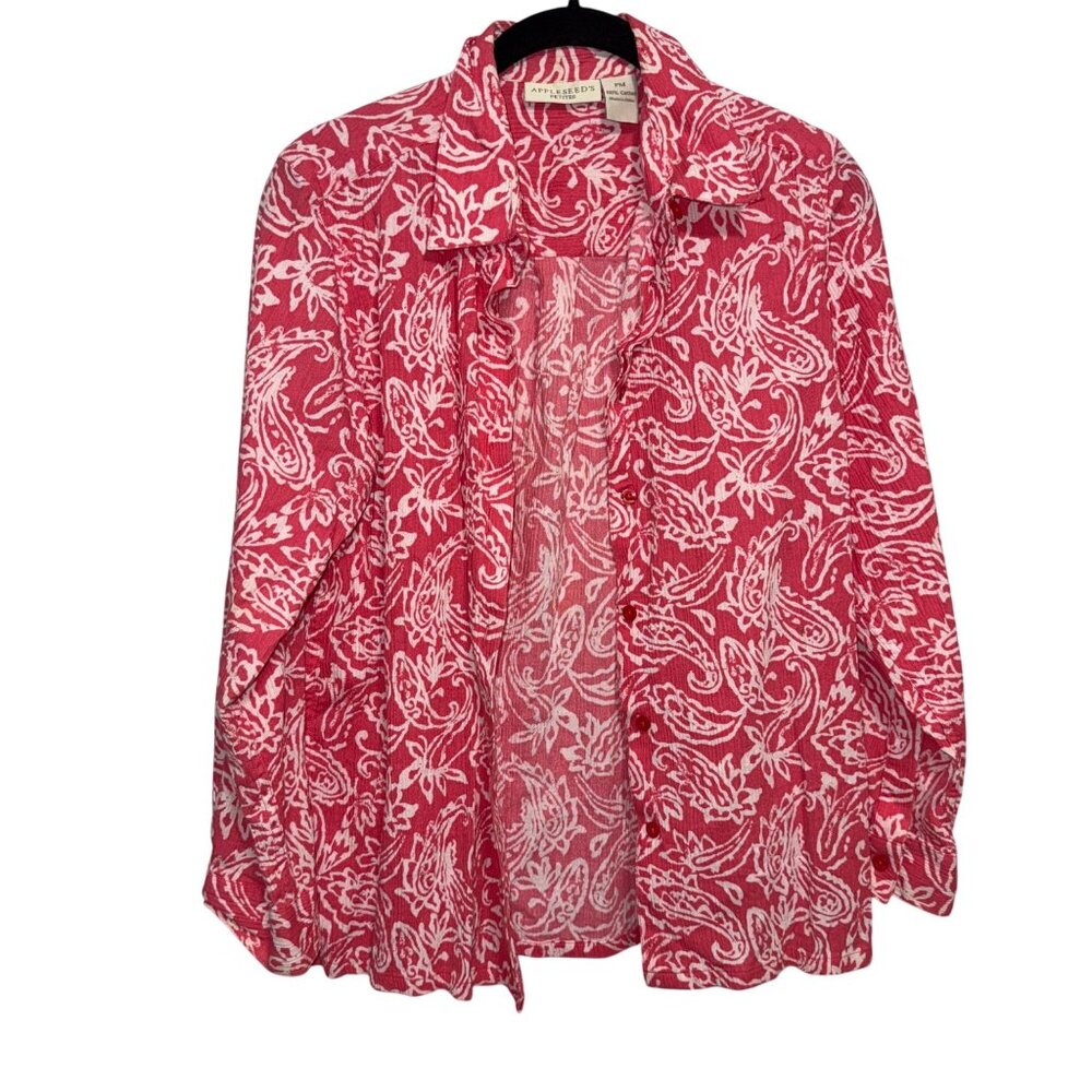 Appleseeds Petite  Floral Paisley Button-Up Shirt 100% Cotton Long-Sleeve PM